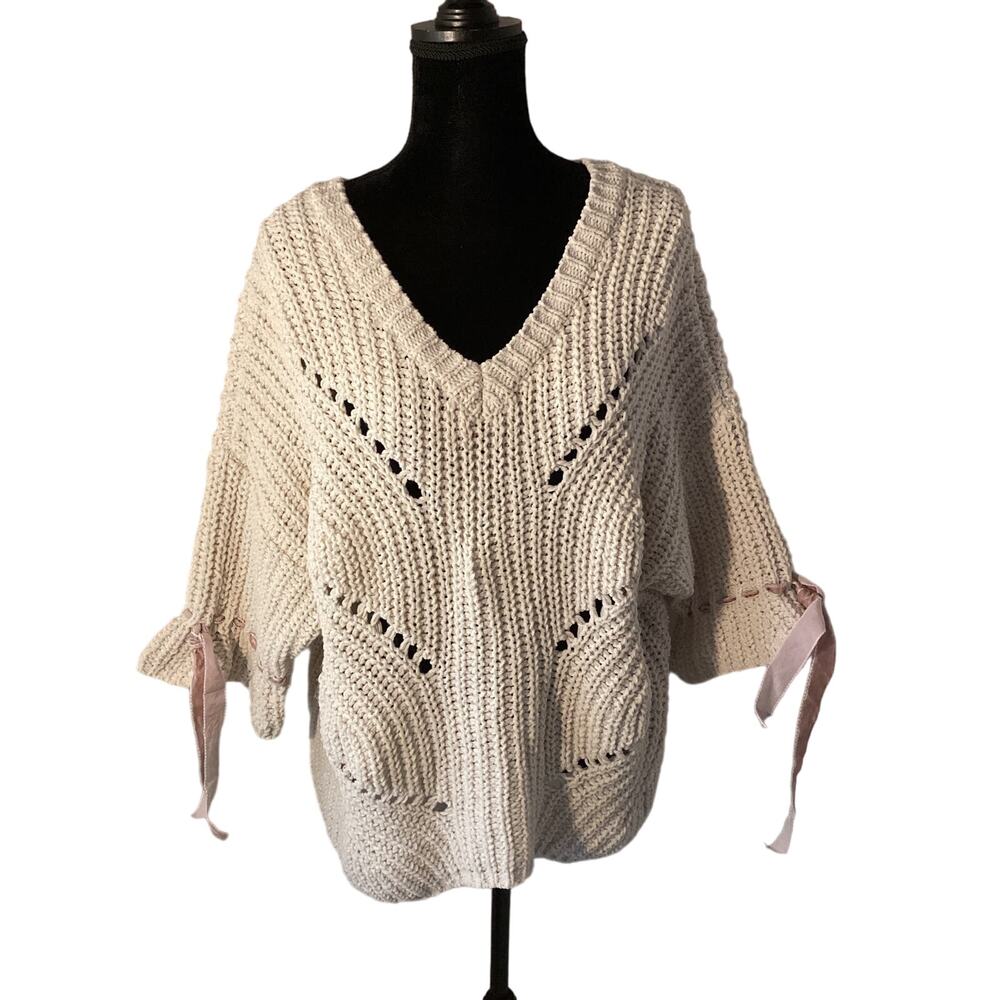POL Chunky Knit Sweater Large Boho Oversized Cream V Neck